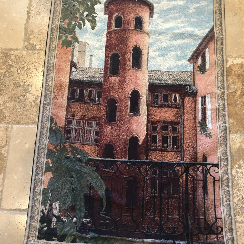 RED TOWER TAPESTRY, FULLY LINED, 56” long, 38” wide